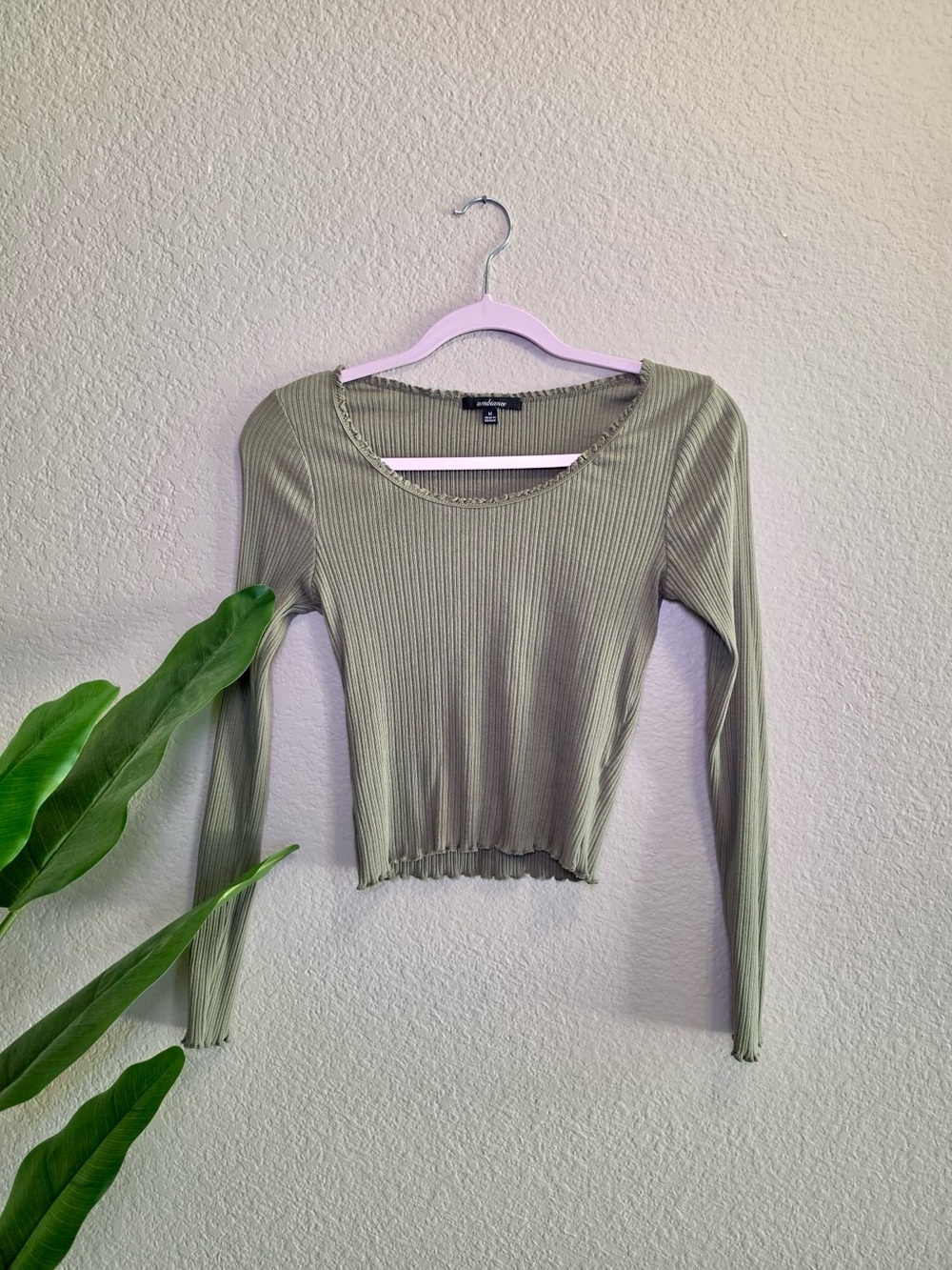 Ambiance Sage Ribbed Scoop-Neck Long Sleeve Crop Top